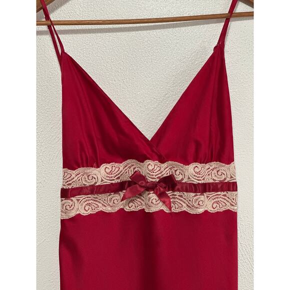 VTG 90s Satin Slip Dress California Dynasty L Burgundy Babydoll Lace Bow - Picture 2 of 12